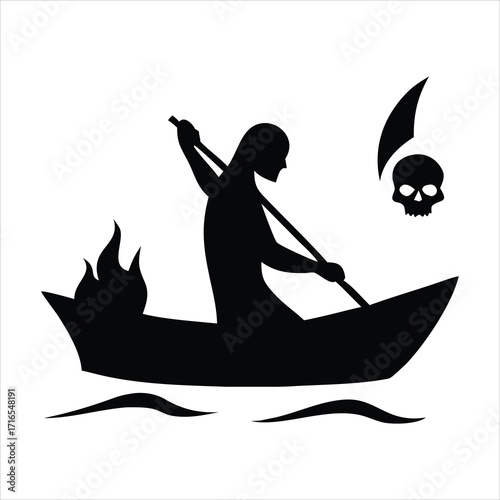 Grim reaper rowing a boat with flames and a skull symbol