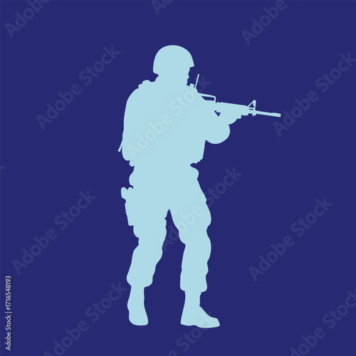 Silhouette of a soldier aiming a rifle in a tactical stance against a solid dark blue background