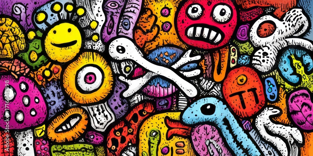 Obraz premium A vibrant, chaotic composition of whimsical creatures and organic shapes, bursting with bold colors and intricate linework.