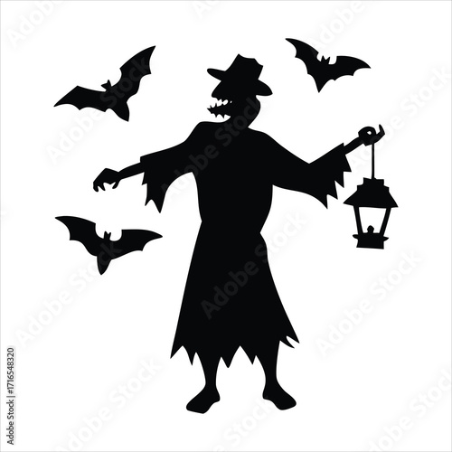 Silhouette of a scary scarecrow holding a lantern with bats flying around