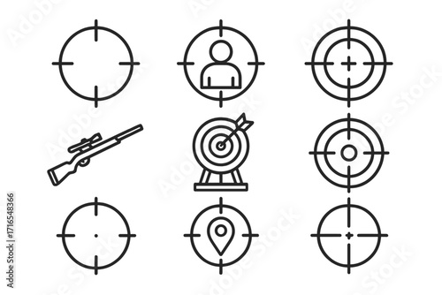 Sniper target and aim vector icon collection with rifle silhouette and bullseye targets, user and location markers, editable stroke line art for infographics, banners, flyers, and articles