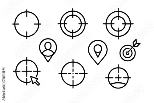 Sniper target and aim icon set, editable stroke vector collection for infographics, articles, books, banners, flyers, precision aiming, focus symbols, shooting range design