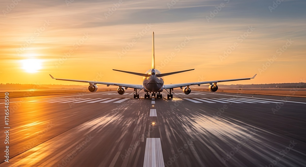 Fototapeta premium Airplane at Sunset Preparing for Takeoff on the Runway