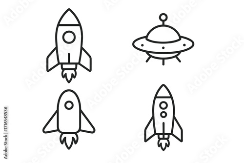 Spaceship vector set with rocket and UFO icons, editable stroke illustrations for infographics, articles, books, flyers, and banners, cartoon style transparent background design