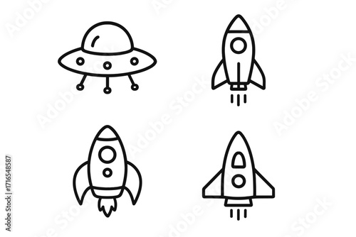 Spaceship collection vector set with editable stroke, cartoon rocket icons, UFO and space shuttle illustrations, perfect for infographics, banners, flyers, and articles design