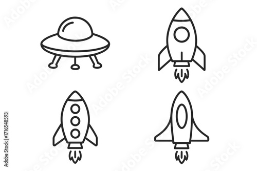 Spaceship and UFO collection, editable line art vector set, cartoon rockets and alien flying saucer icons, perfect for infographics, articles, books, flyer designs, banners, transparent background