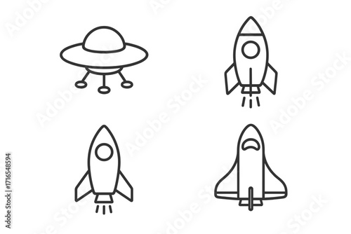 Spaceship and UFO collection set, editable stroke vector icons, cartoon rocket and flying saucer illustrations for infographics, articles, books, flyers, banners, transparent background