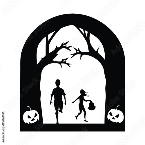 Children trick or treating under a spooky archway with pumpkins