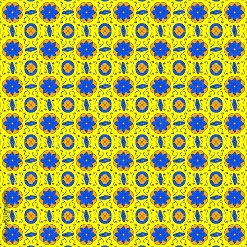 seamless floral pattern, Seamless pattern featuring a vibrant yellow background with intricate blue and orange designs