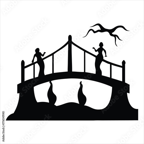 Silhouette of two women on a bridge with abstract shapes below and a bird above
