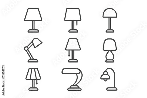Table lamp bundle set of thin line icons, editable stroke, modern and classic desk lamps collection, office and home lighting, vector cartoon illustration, transparent background, ordered set