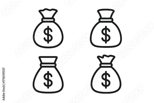 Set of money bag line icons with dollar signs, editable stroke vector collection, finance and currency symbols for infographics, articles, banners, flyers, and books illustration