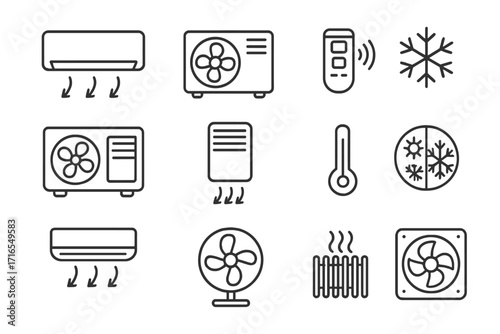 HVAC icons set. Air conditioning, heating, ventilation system symbols. Cooler, fan, radiator, thermometer, remote control outline pictograms. Climate control editable vector pack.