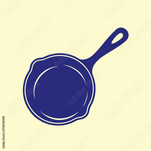 Simple blue silhouette of a frying pan with handle on a light beige background isolated vector illustration