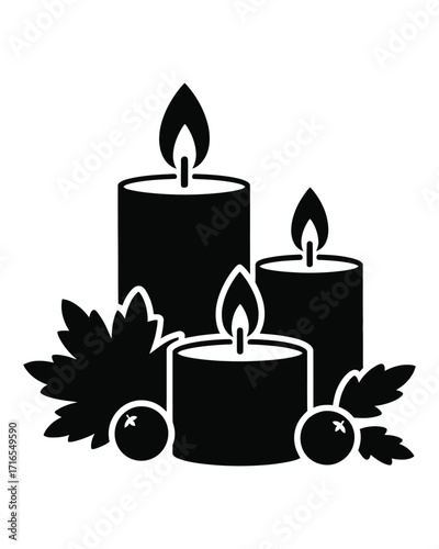 Stylized black silhouette of a glowing candle flame surrounded by a decorative leafy branch design, ideal for conveying serenity, memory, hope, or celebration in various graphic contexts