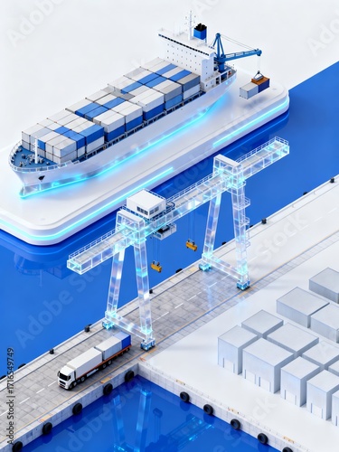 Container ship docked at a modern port with automated cranes and cargo handling system