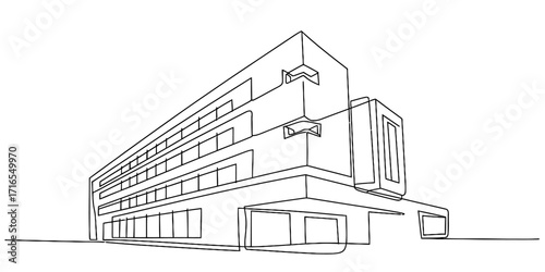 Architectural sketch of a modern commercial building structure perspective hand drawn outline