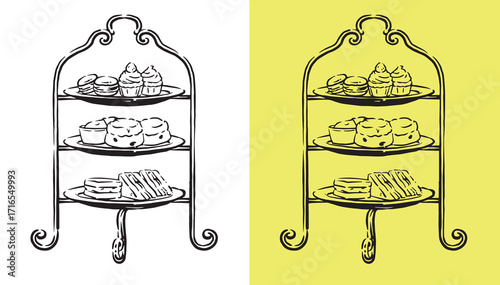 Vintage Hand-Drawn Dessert Stand Illustration – Elegant High Tea Cakes, Cupcakes, and Pastries Sketch