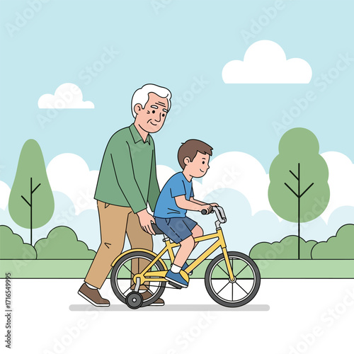 flat illustration of grandfather teaching his grandson how to ride a bike, family support, happiness, outdoor scene