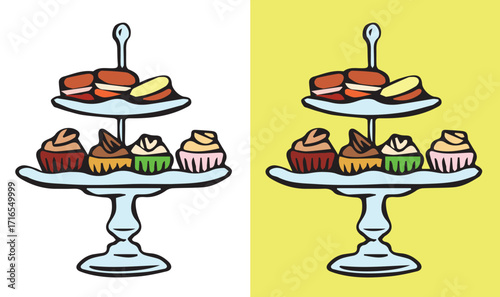 Vintage Hand-Drawn Dessert Stand Illustration – Elegant High Tea Cakes, Cupcakes, and Pastries Sketch