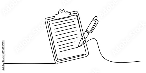 Continuous line drawing of clipboard with lined paper and pencil for writing notes education business