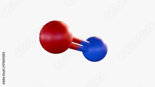 A 3d animation of molecular model of nitric oxide (NO), represented by two spheres connected by two cylindrical bonds.