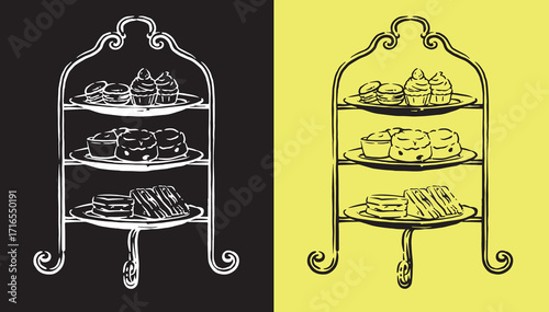 Vintage Hand-Drawn Dessert Stand Illustration – Elegant High Tea Cakes, Cupcakes, and Pastries Sketch