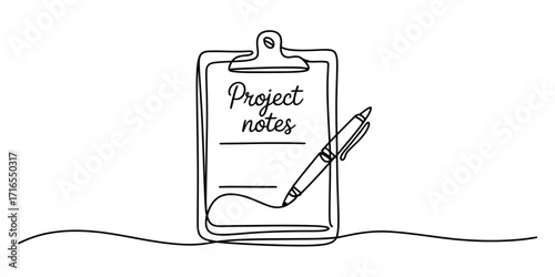 Hand drawn sketch of a clipboard with writing and a pen for taking notes and project planning