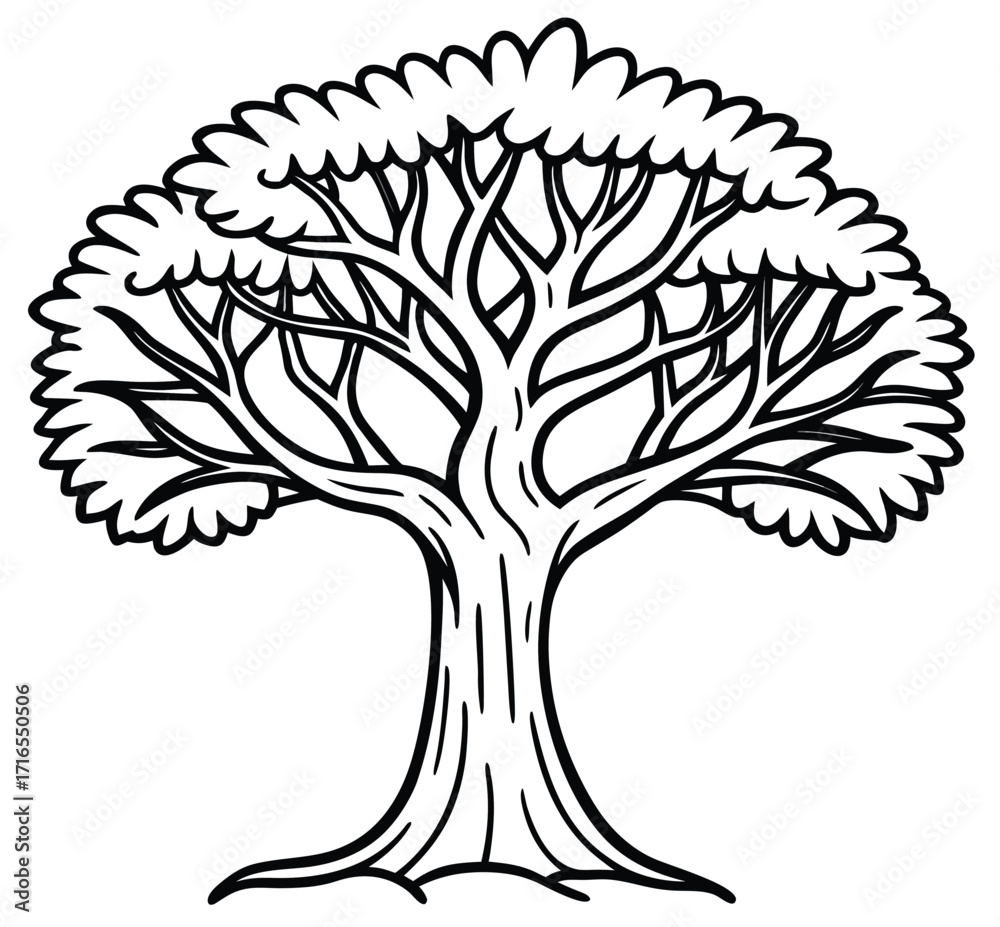 Obraz premium Black and white vector tree silhouette with roots and branches