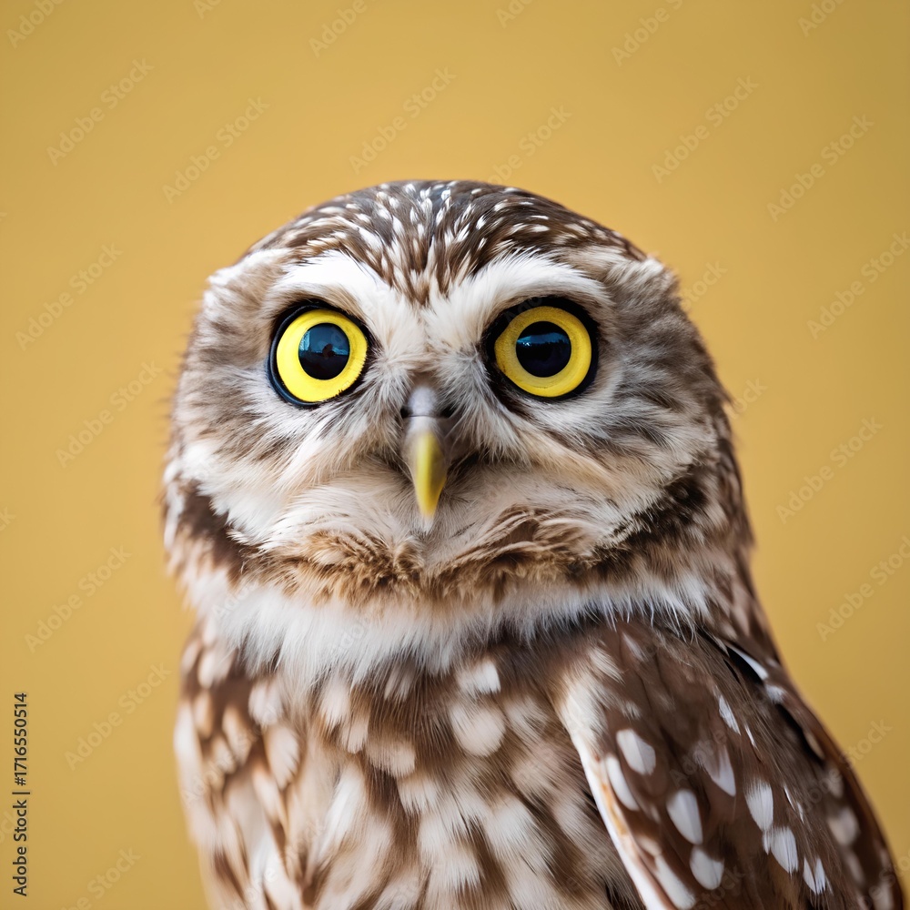 Obraz premium Speckled owl with vivid yellow eyes facing forward on mustard yellow background, evoking visual intensity, stylized realism, and graphic charm