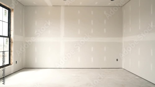 Spacious Empty Room Interior with Fresh Drywall and Unfinished Concrete Floor Awaiting Paint and Finishing Touches in a New Residential Construction or Home Ren