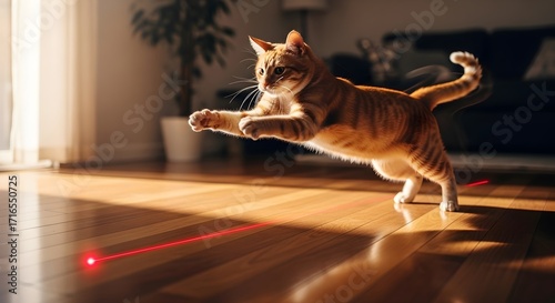 Orange tabby cat in mid air pouncing towards a red laser dot on a wooden floor