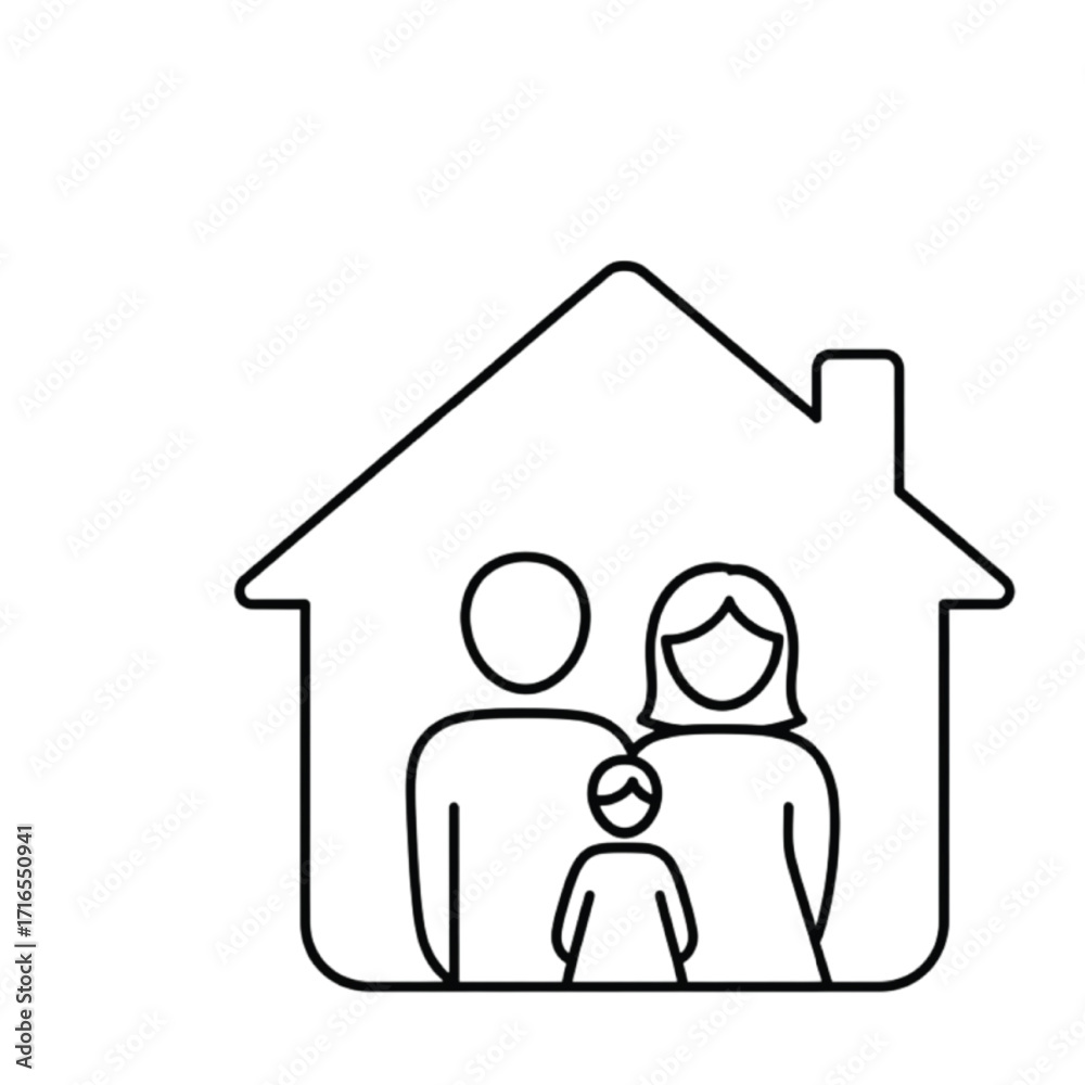 Fototapeta premium Outline Icon of Family Inside a House Shape on White Background home symbol