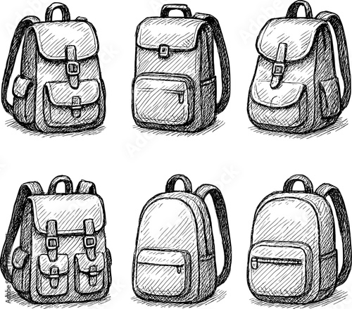 Backpacks with personality fragments vector icons pencil sketch style