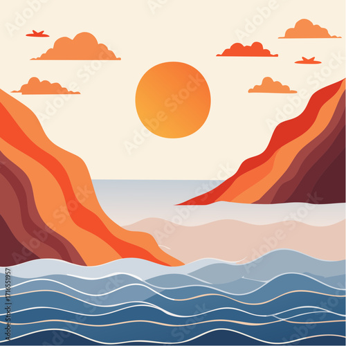 A tranquil vector illustration of a scenic ocean sunset, showcasing a peaceful seascape with warm, rolling waves and coastal cliffs