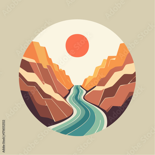 Vibrant stylized illustration depicting a tranquil river carving its path through a majestic desert canyon under a warm sun, embodying the serene beauty of a natural landscape