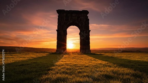 Epic Sunset Bathes Ancient Stone Arch Ruins in a Golden Grassy Field Dramatic Evening Sky with Vibrant Hues Casts Long Shadows Across the Tranquil Landscape
