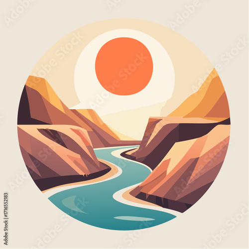 A serene landscape illustration of a winding river flowing through majestic canyons under a warm, vibrant sun, evoking a sense of peace and natural beauty