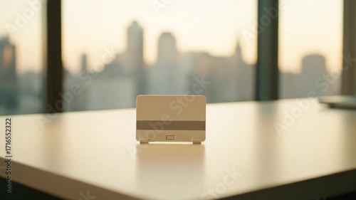 Modern Smart Device on Office Desk with Blurred Cityscape at Golden Hour Sunset Contemporary Technology in a High-Rise Urban Workspace with Warm Light