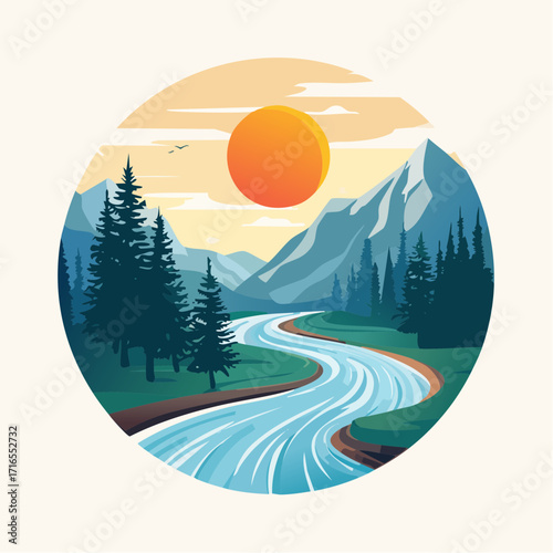 Scenic River Flowing Through Mountain Landscape Under a Warm Sunset in a Circle