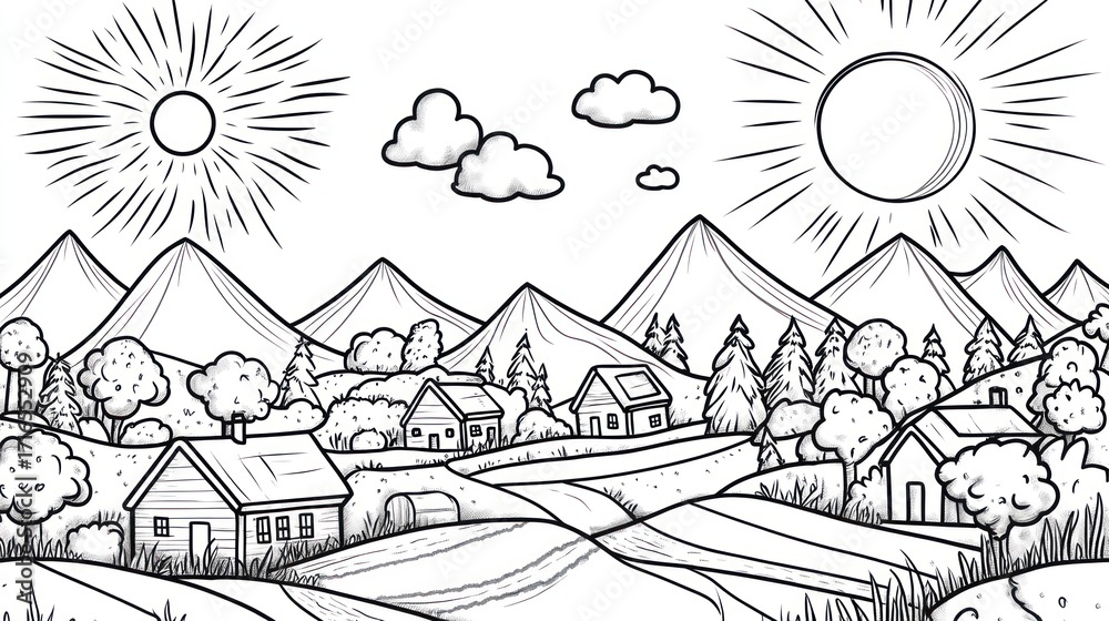 Obraz premium Hand drawn mountain village landscape