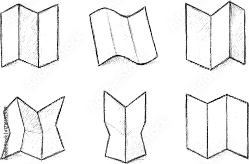 Maps folded into 3D abstract forms pencil sketch vector icons illustration