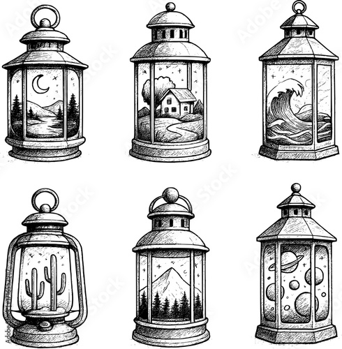 Lanterns with Miniature Worlds Hand Drawn Vector Illustration