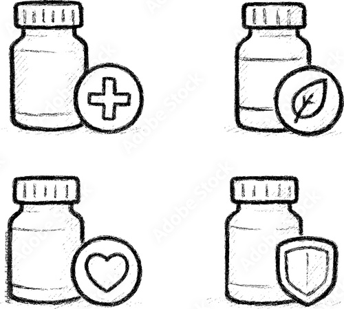 Pill Bottle Vector Icons Pencil Sketch Symbolic Cures
