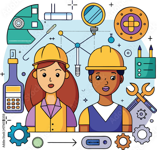 Two diverse cartoon engineers with hard hats and tools illustration flat design