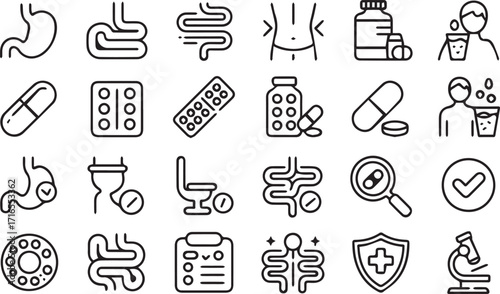 Vector art of digestive system and medication icons