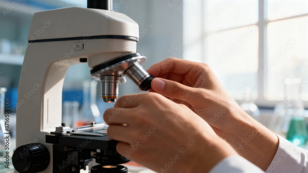 Fototapeta premium Scientist adjusting a microscope in a laboratory setting for research.