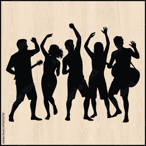 black silhouette of a lively beach party on a pure wooden background