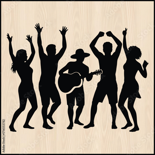 black silhouette of a lively beach party on a pure wooden background