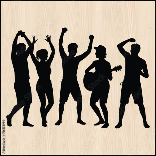 black silhouette of a lively beach party on a pure wooden background